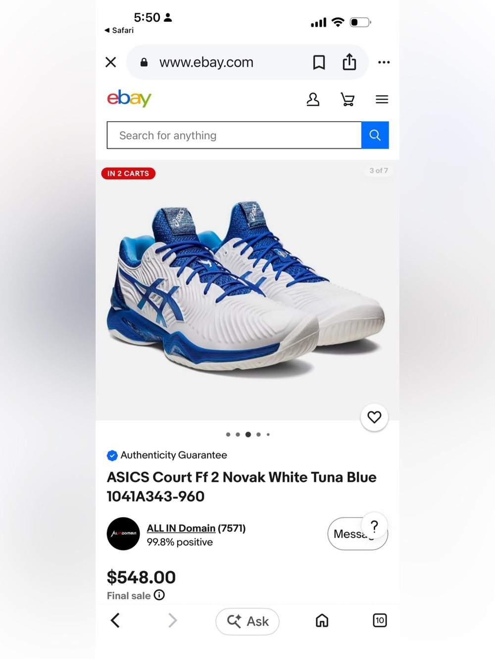 Asics Novak Court FF 2 Tennis Shoes - White and Tuna Blue